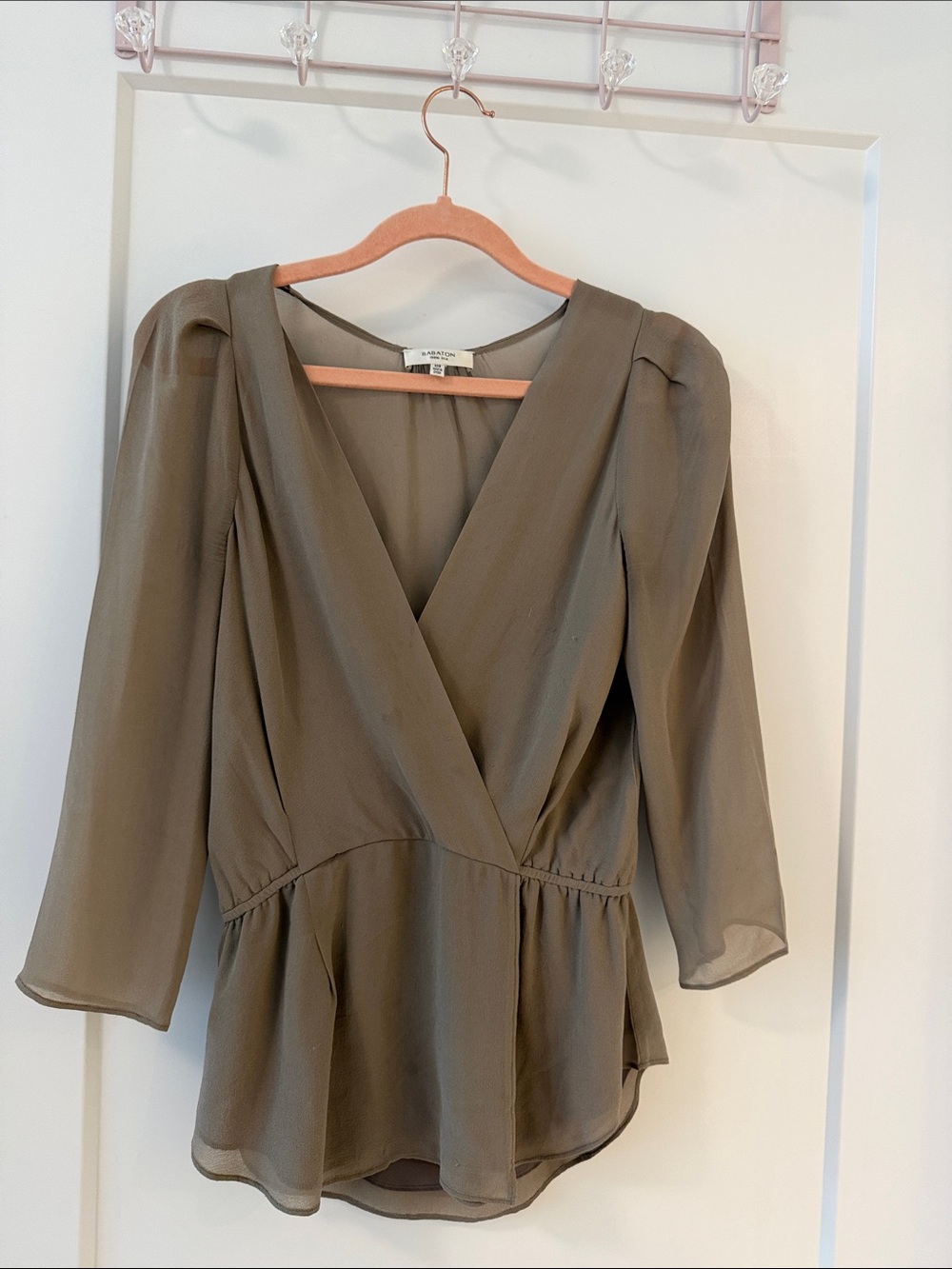 Babaton Silk Wrap Blouse in Olive Taupe
